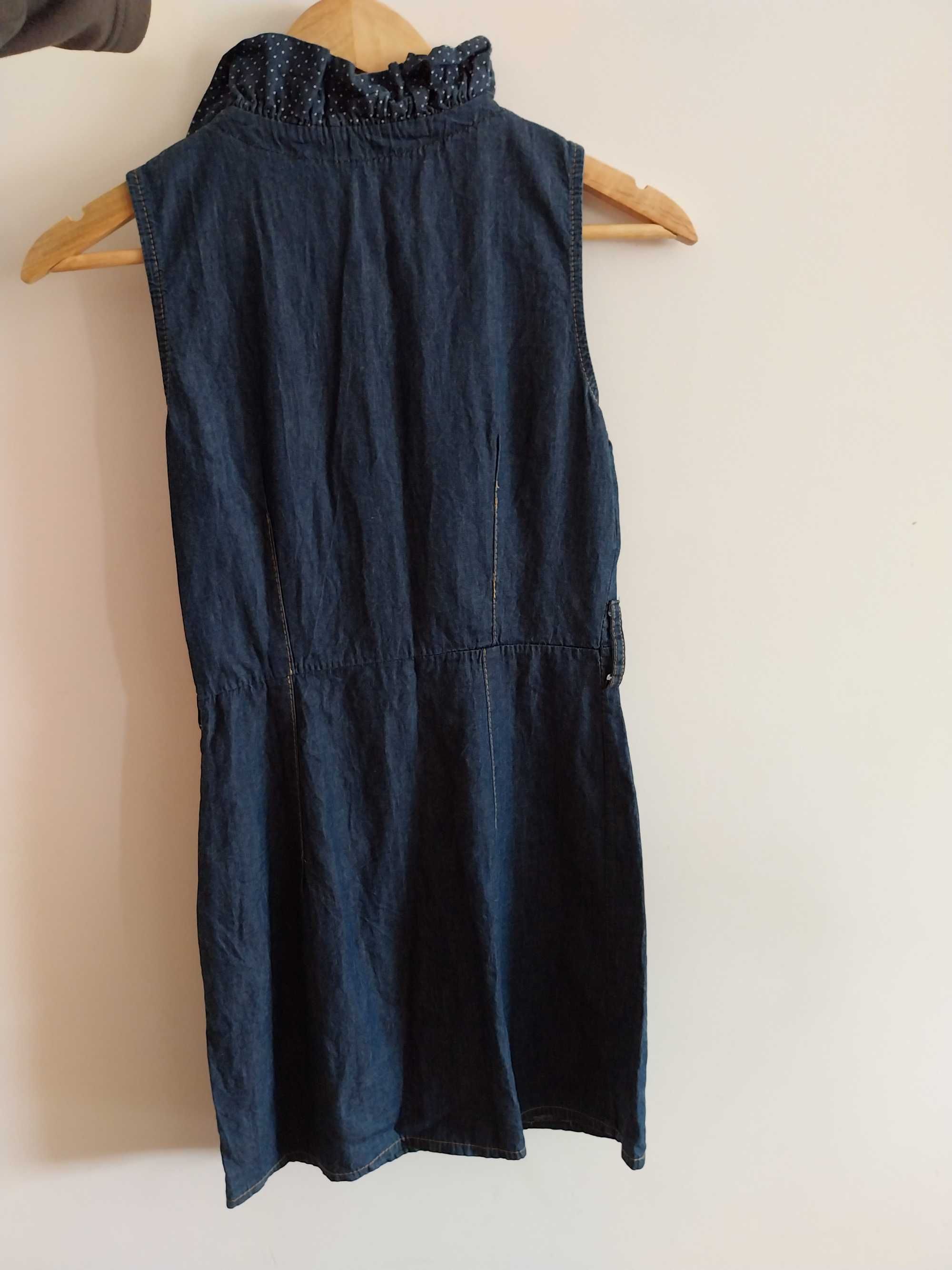 Vestido de ganga, com decote com folhos, 100% algodão, tamanho S/36