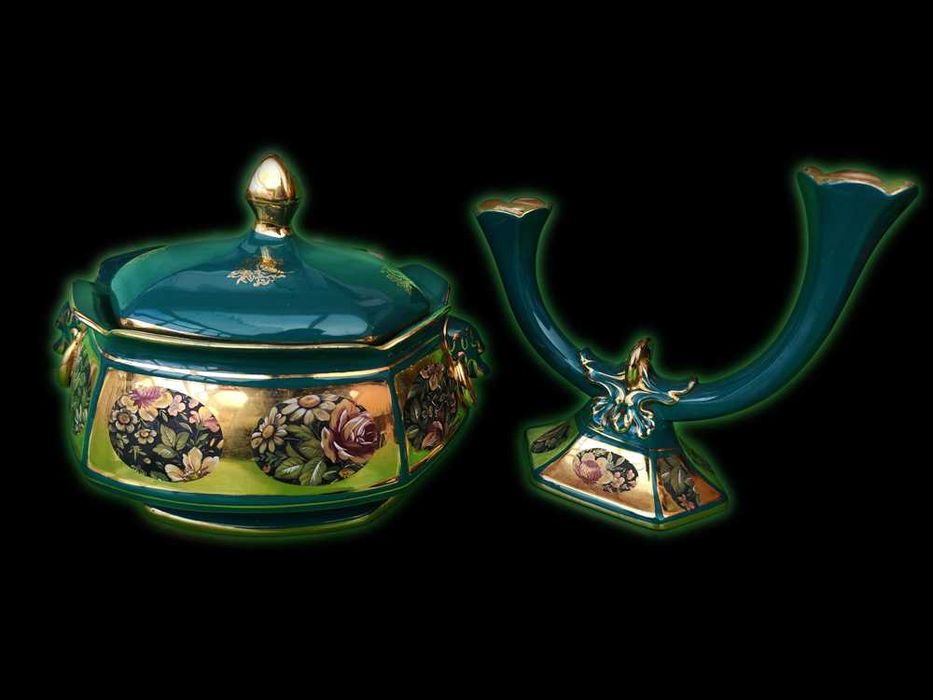 Terrina e castiçal de porcelana em dourados
