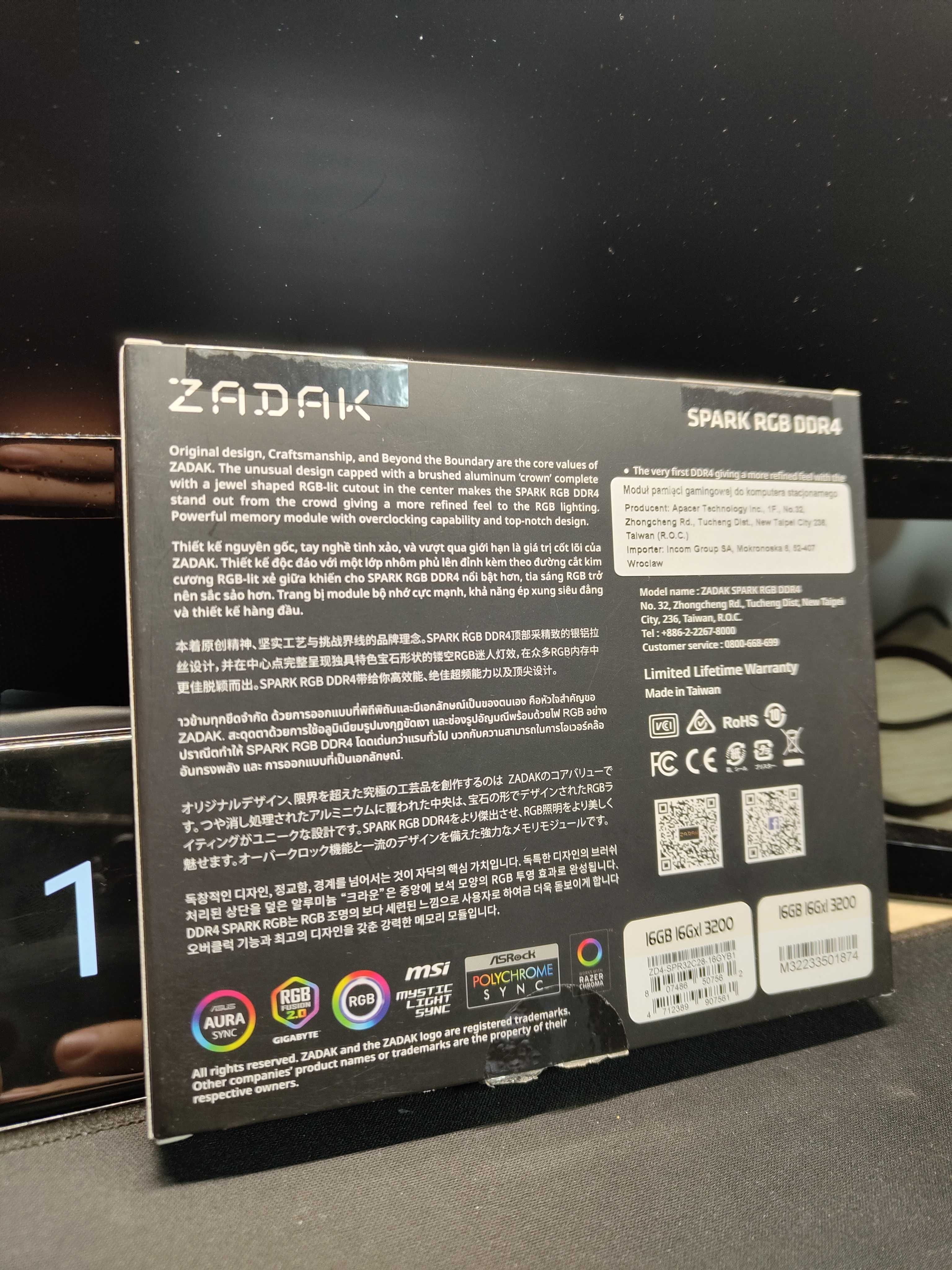 Ram Apacer 16GB 3200MHz CL16 Zadak Spark RGB