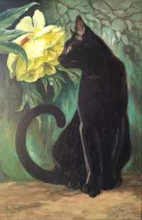 Obraz olejny kot piwonia kwiat