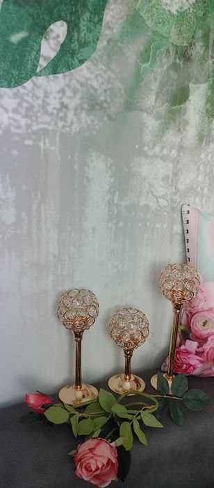 Świecznik zestaw komplet złote kryształki 3 sztuki glamour vintage