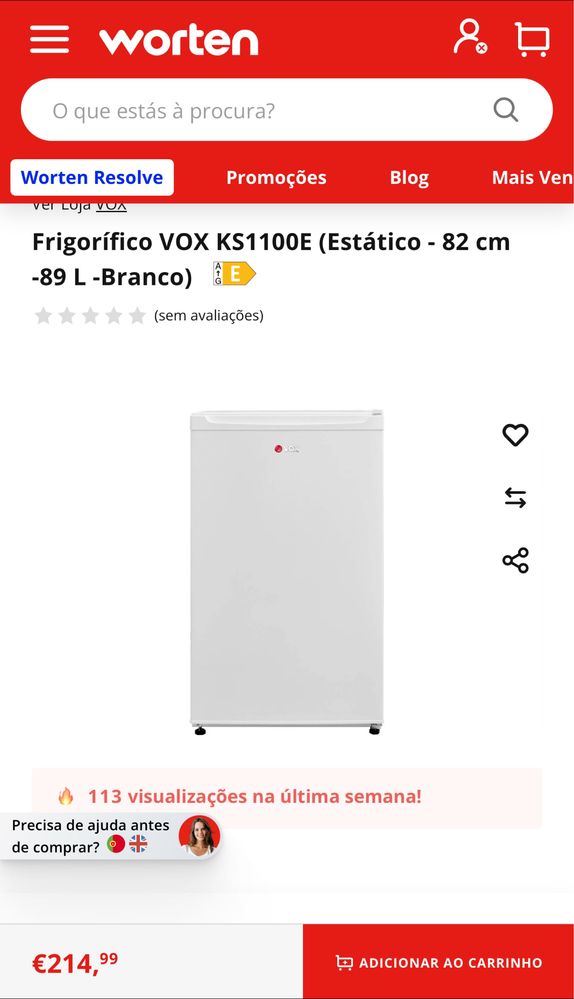 Frigorífico VOX KS1100E (Estático - 82 cm -89 L -Branco)