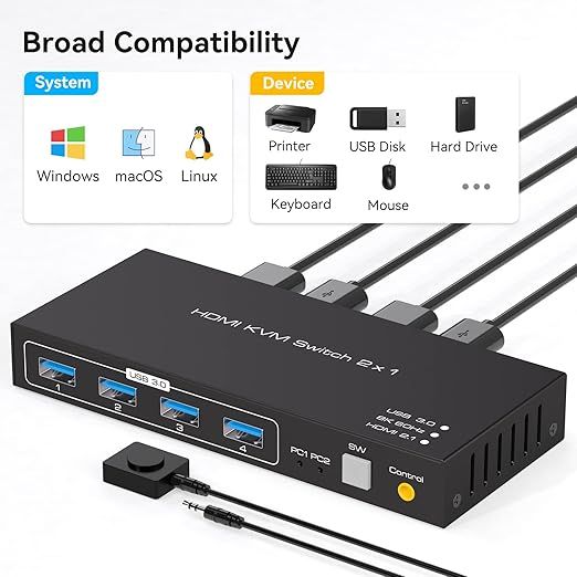 VPFET 8K60Hz KVM Switch HDMI USB 3.0 dla 2 PC i 1 Monitora