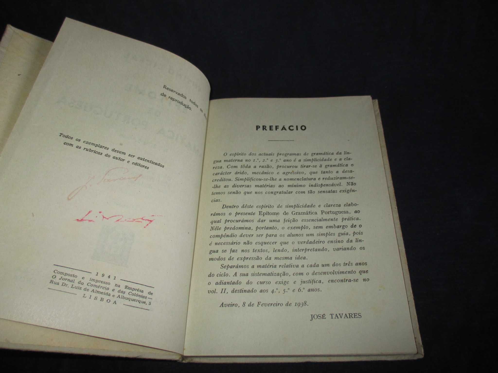 Livro Epítome de Gramática Portuguesa José Pereira Tavares 1941