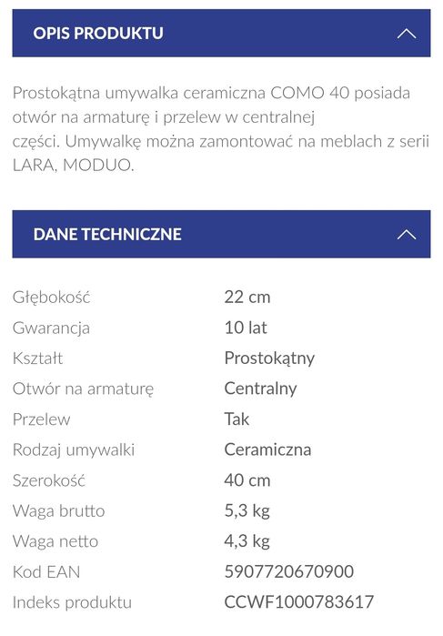 Umywalka Como 40 Cersanit