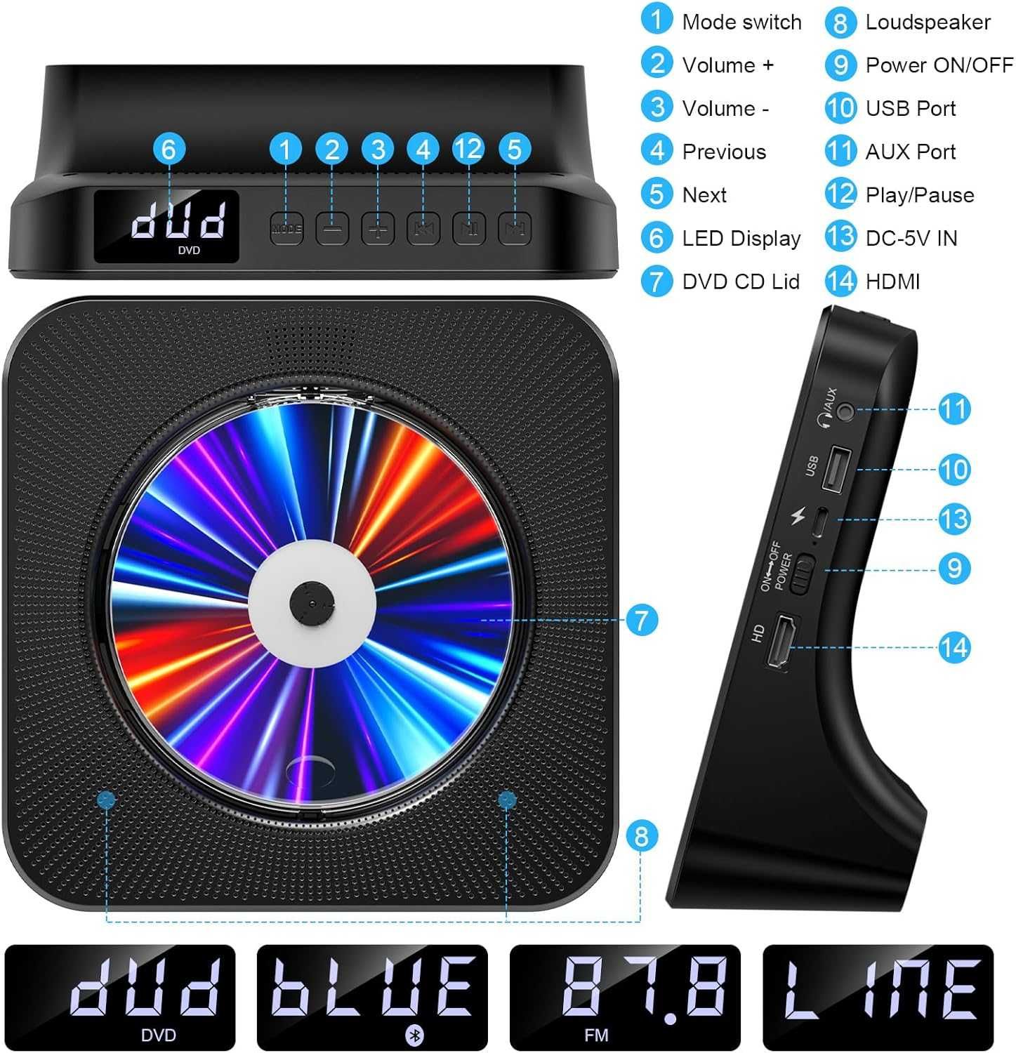 Gueray Odtwarzacz DVD CD Bluetooth Czarny