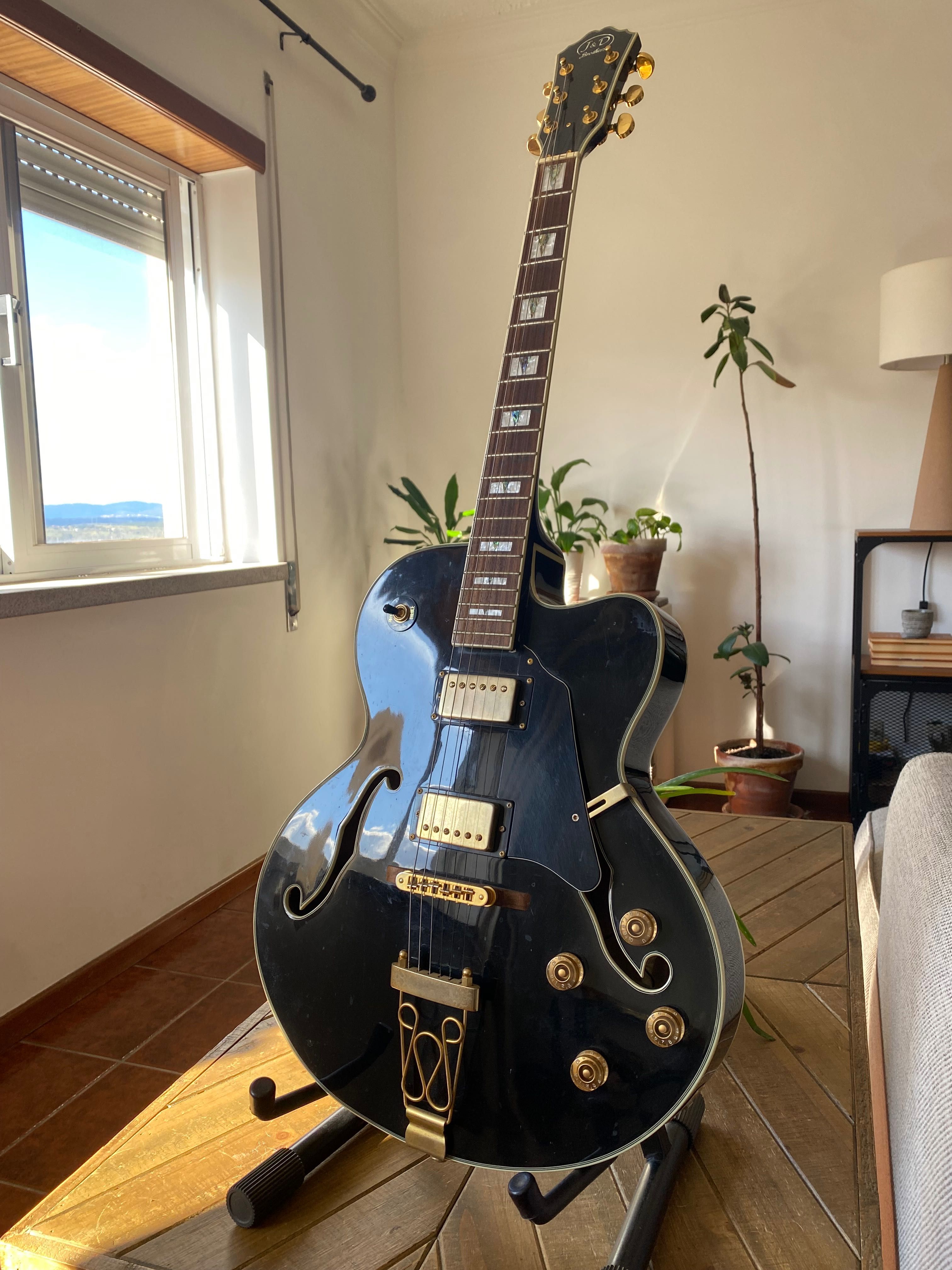Guitarra semi acústica com amplificador e acessórios