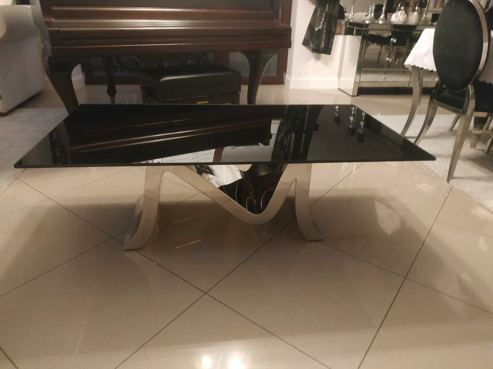Konsola glamour NOWA blat czarne szkło podstawa chrom szeroka piękna
