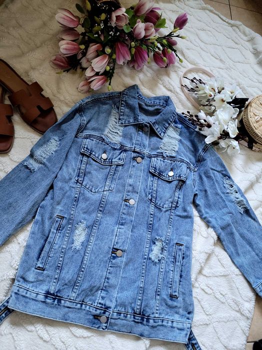 Jasna dżinsowa kurtka jeans jeansowa przetarcia  XS 34