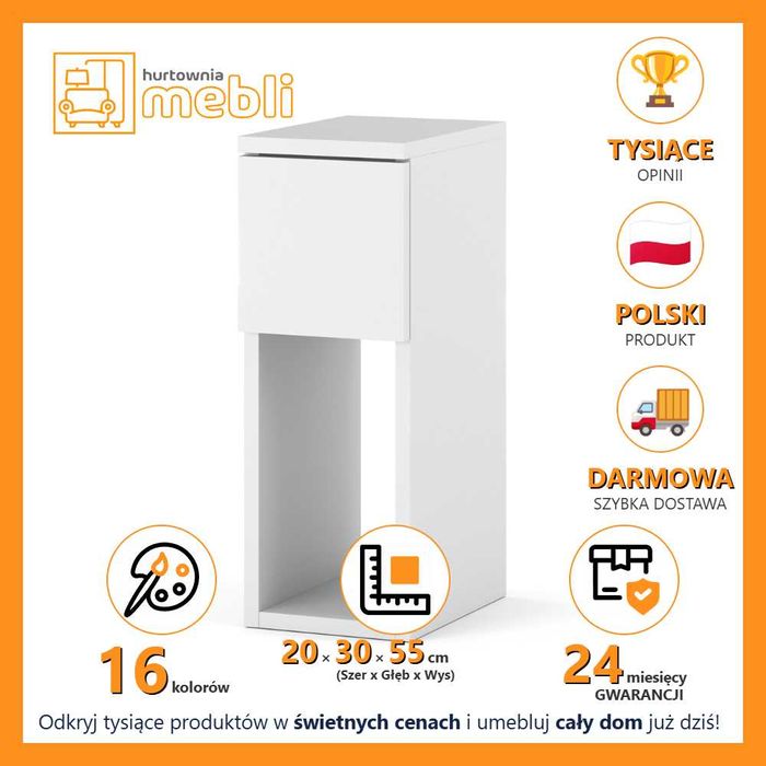 Szafka Nocna Wysoka Wąska Z Szufladą Figo 20cm Stolik Do Sypialni Mała