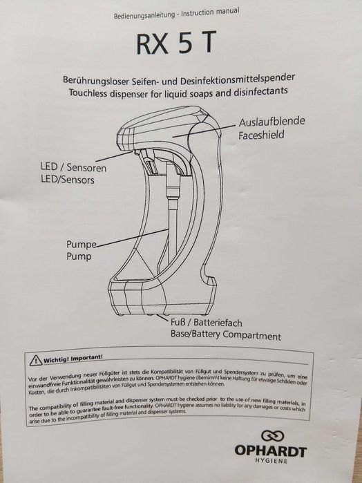 Dozownik mydła, środków dezynfekcji, Ophardt RX5T