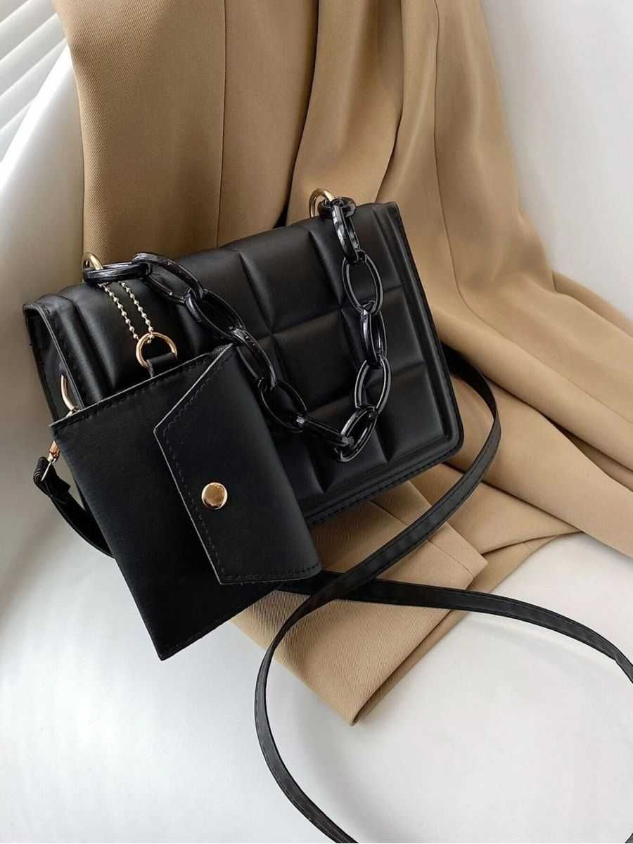 Женская сумочка через плечо черная с кошельком