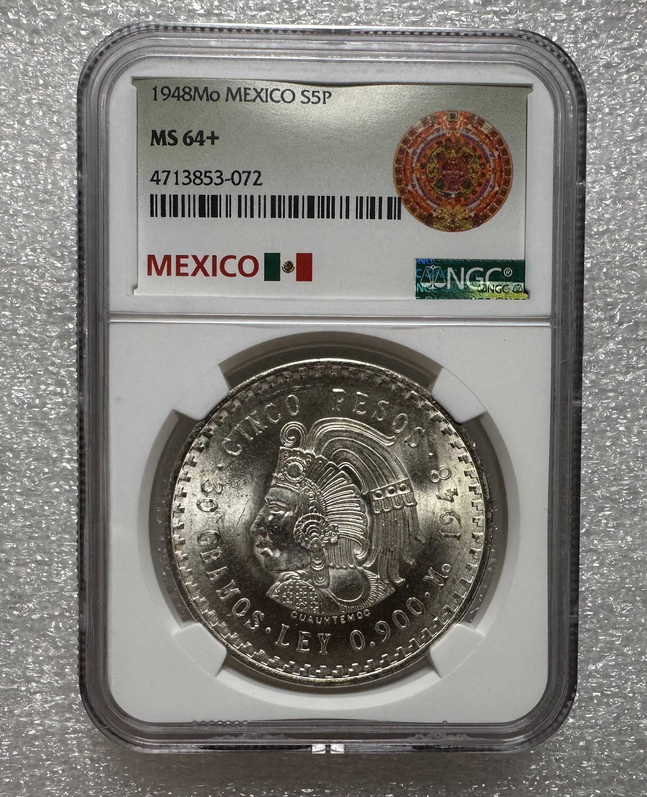 1948 Мексика 5 песо Куатемок слаб NGC MS-64+