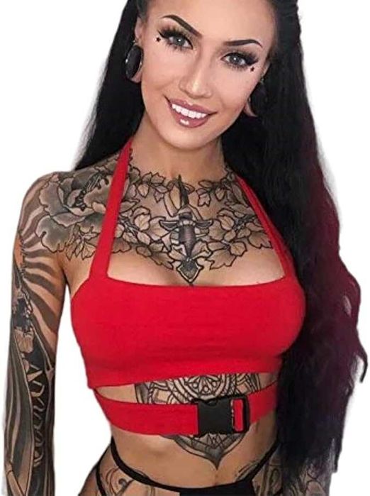 Czerwony crop top na szyję impreza Rave klamra S 36