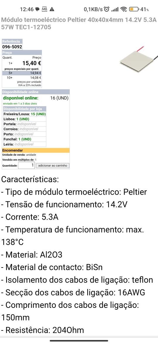 Módulo termoeléctrico PELTIER completo, e motores DC