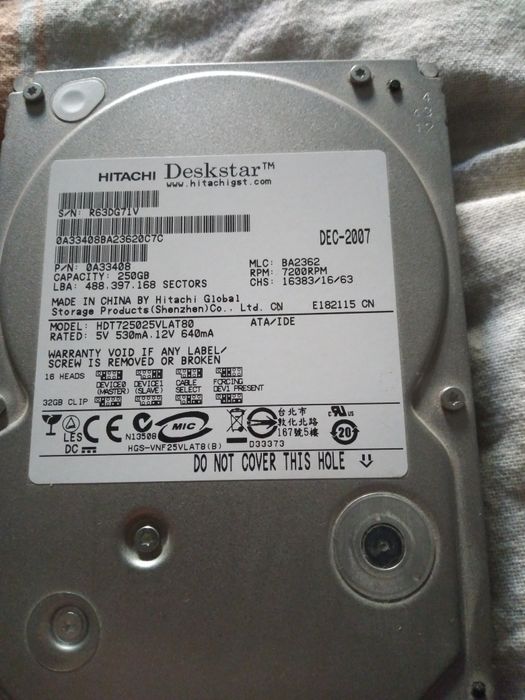 Жесткий диск на ПК hitachi deskstar 250 GB