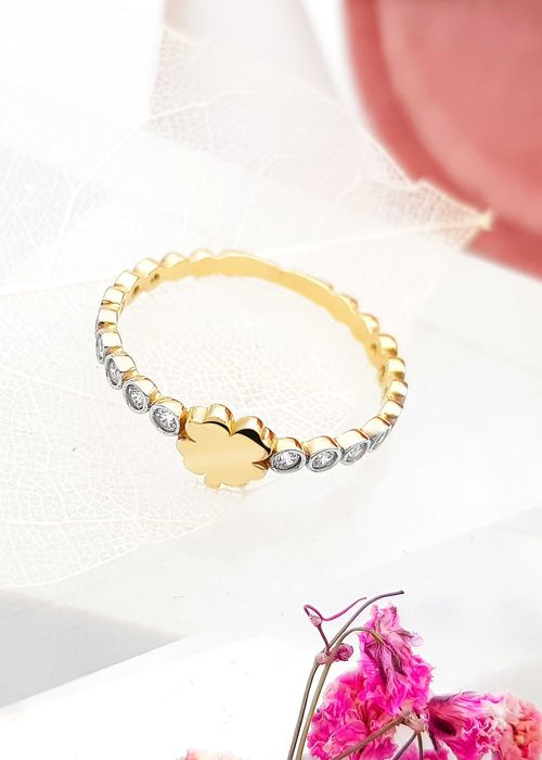 Złoty pierścionek koniczynka z obrączką wysadzaną cyrkoniami pr. 585