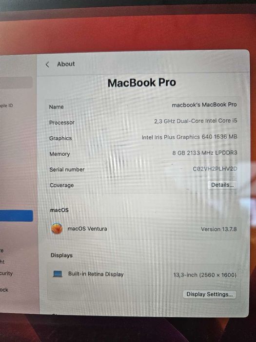 Macbook Pro A1780 i5 8gb 256gb