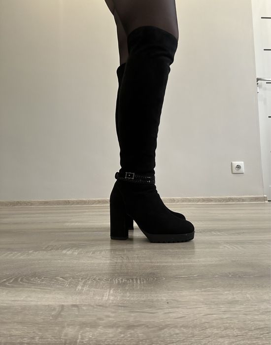 Чорні Зимові ботфорти Lady Marcia із натурального замшу на каблуку,