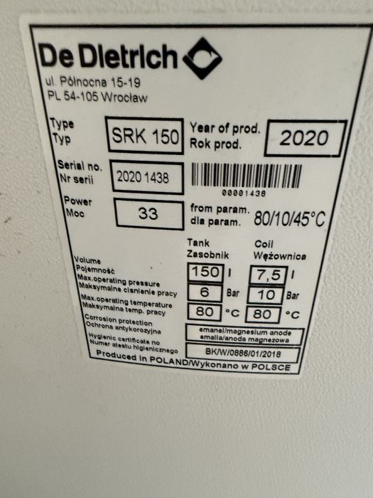 Zasobnik CWU Bojler De Dietrich SRK150 150l