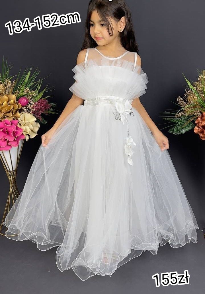Sukienka tutu biała tiul kwiaty długa dla dziewczynki komunia ślub 11l