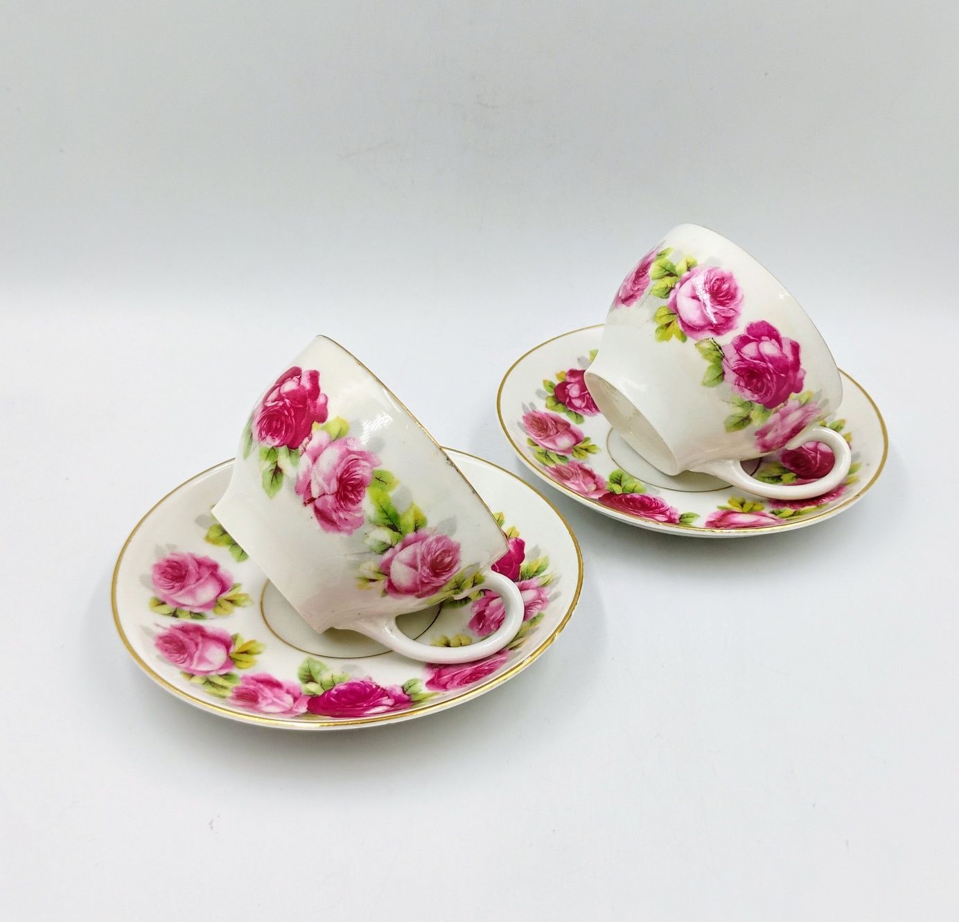 Filiżanki zestaw duo róże różyczki secesja przedwojenna porcelana anty