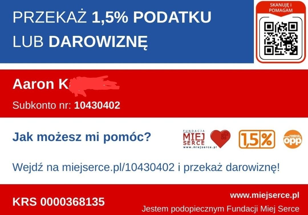 Przekaż 1,5% Podatku dla podopiecznego Fundacji Miej Serce
