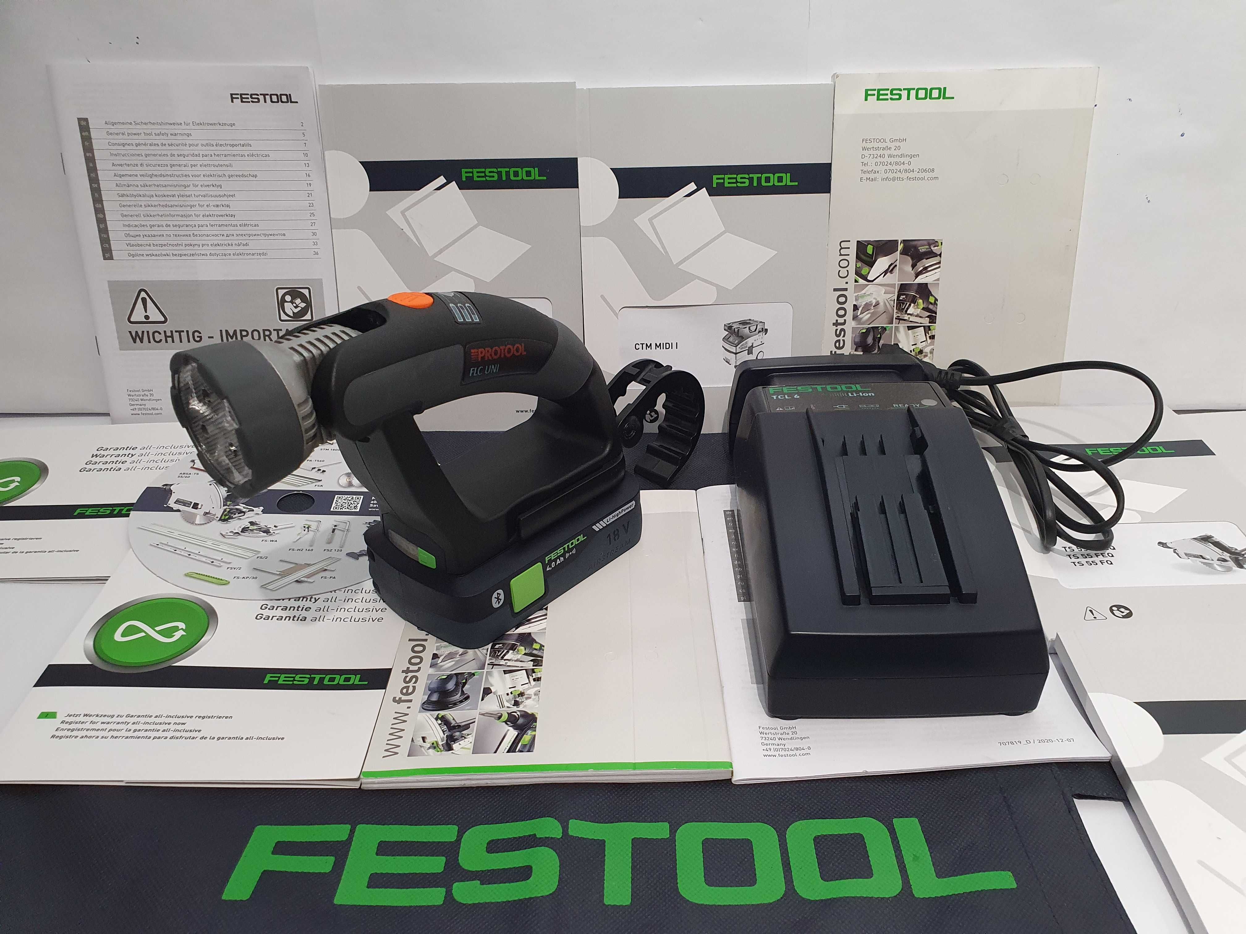 Duzy zestaw Protool Festool latarka FLC UNI,bateria 18v 4ah, ladowarka