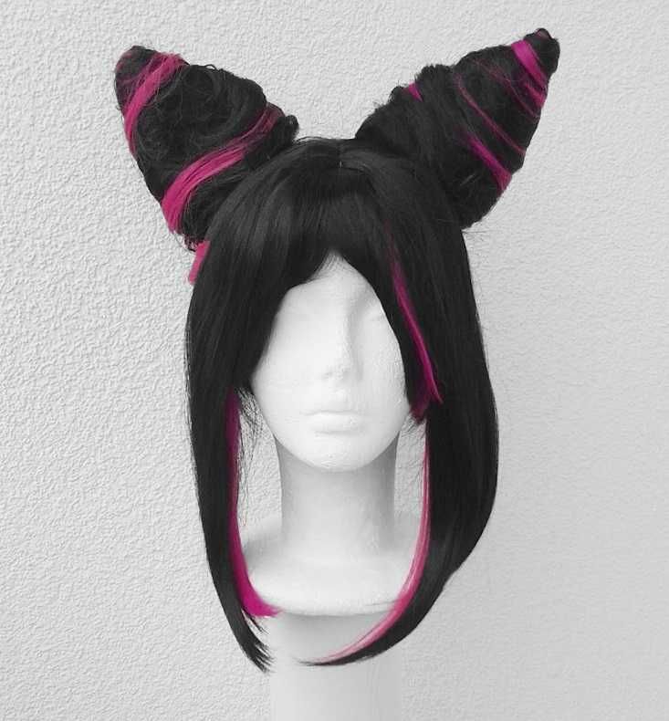 Juri Stree Fighter peruka z uszkami czarna różowe pasemka cosplay wig