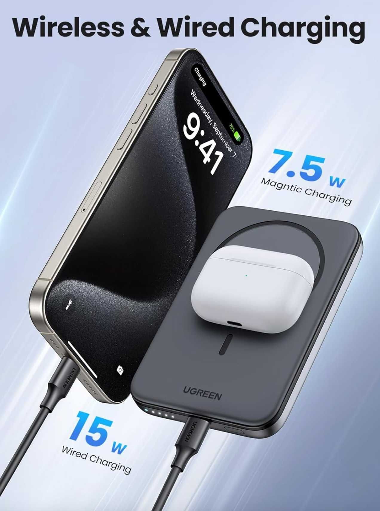 Магнітна батарея UGREEN 5000mAh Magsafe Power Bank 15W - Black - White