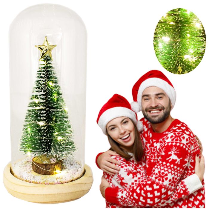 Piękna Mini Choinka w Szkle Kopule Podświetlona LED na Prezent Wigilia