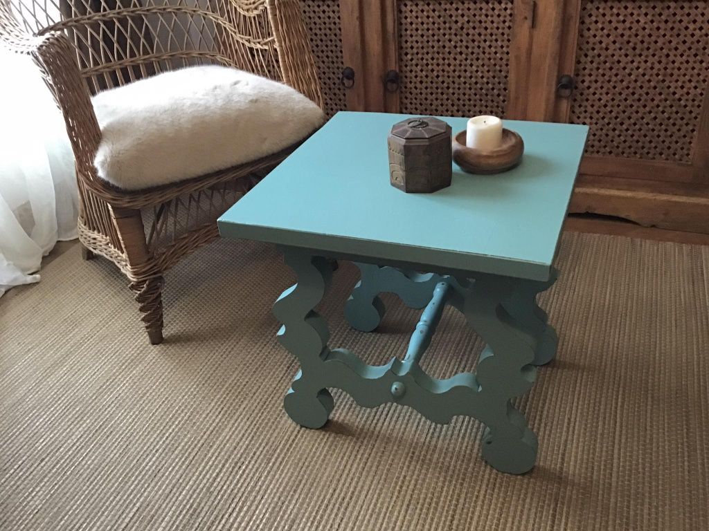 mesa, centro, apoio, vintage, azul,  puff, rustico