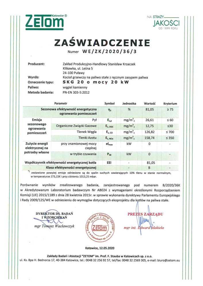 Kocioł piec na węgiel [drewno] KRZACZEK SKG 20 kW - czopuch TYŁ / GÓRA