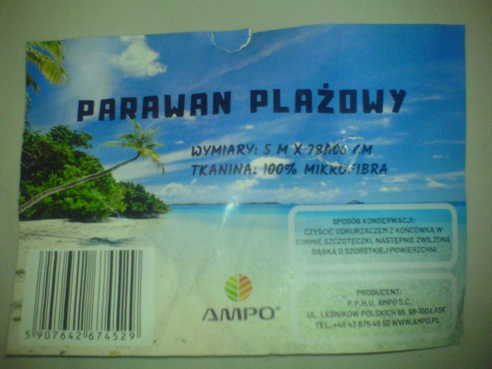 PARAWAN PLAŻOWY Mikrofibra dł. 5 m wys. 78/100cm, NOWY Nieużywany