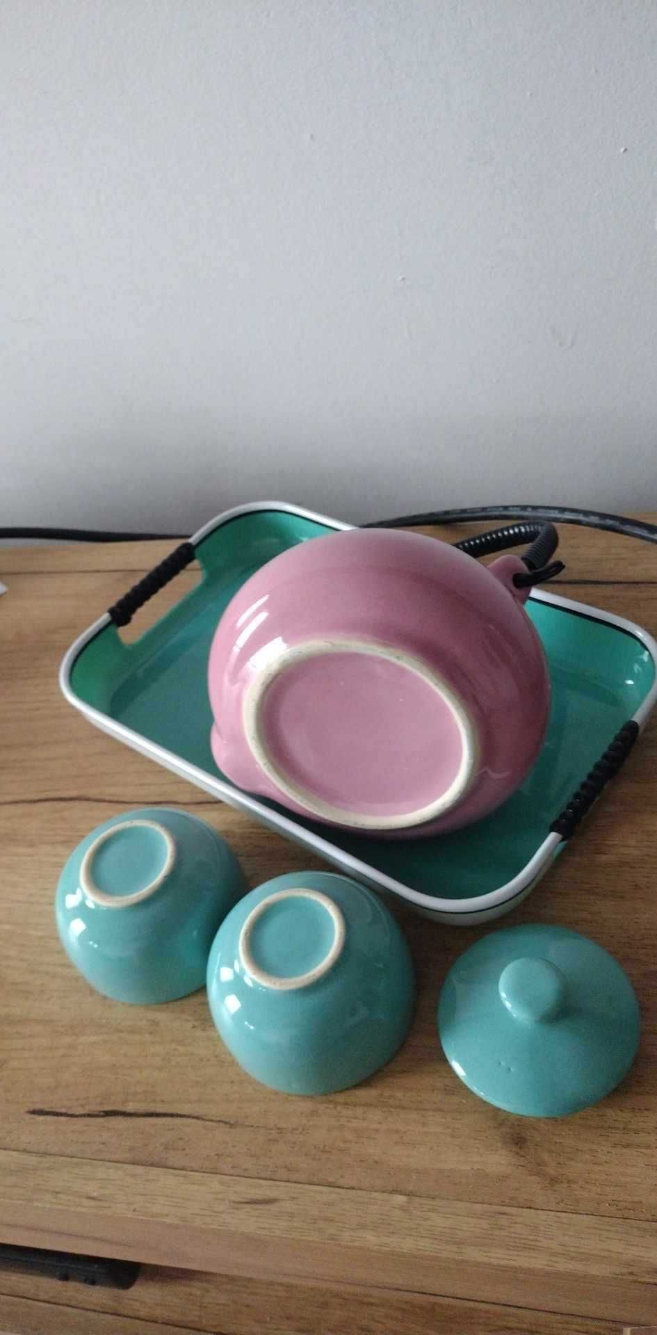 Stara porcelana fajans imbryk dzbanek kubki do herbaty filiżanki taca