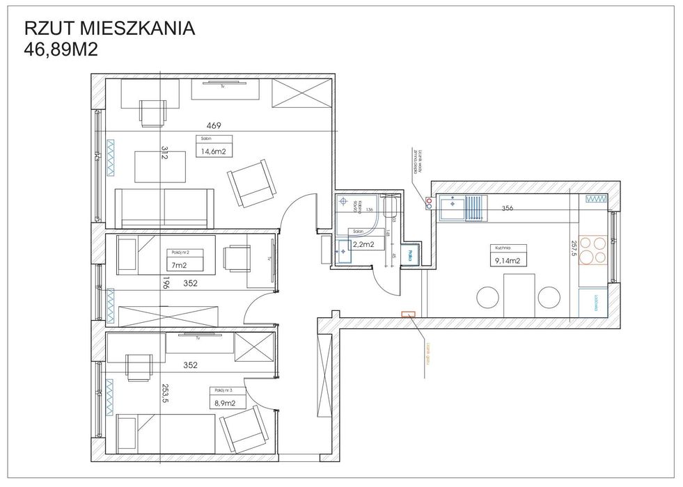 Mieszkanie 3 pokoje, najem, Kapuściska, okolica al. Wojska Polskiego
