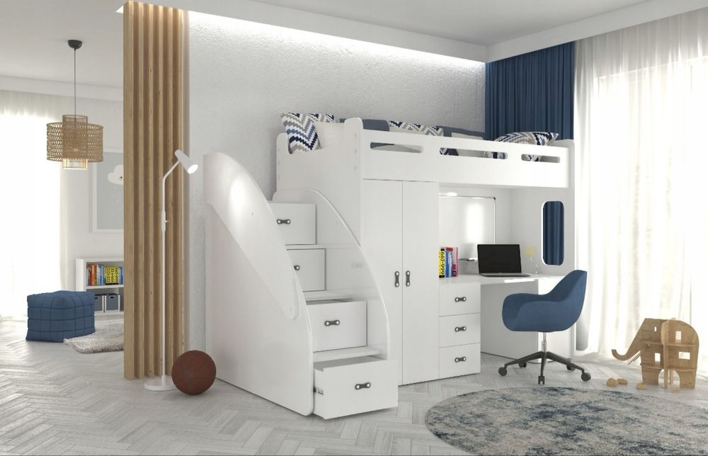 Lóżko dziecięce biale z biurkiem szafa i szufladami