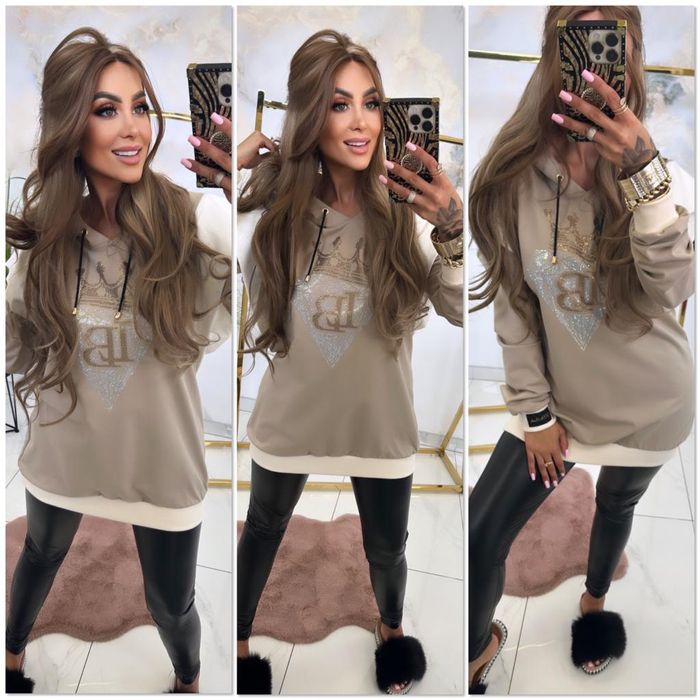 Elegancka bluza tunika z kapturem cyrkonie Lola bianka