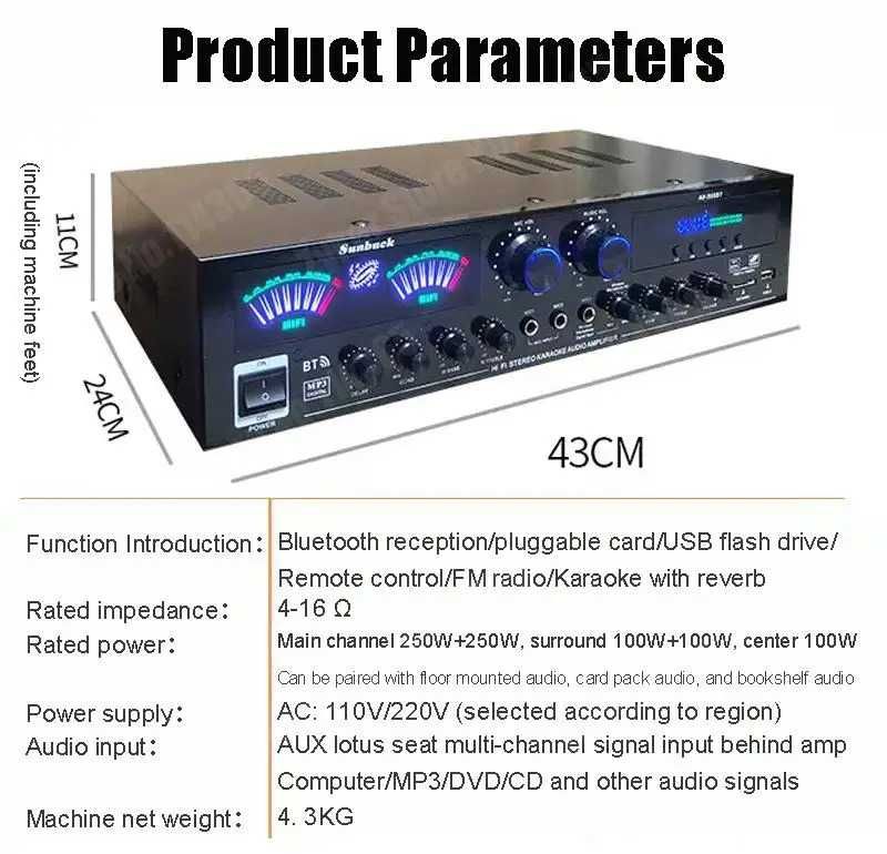 Amplificador Bluetooth Digital para Casa Teatro Karaokê, Max 2500W