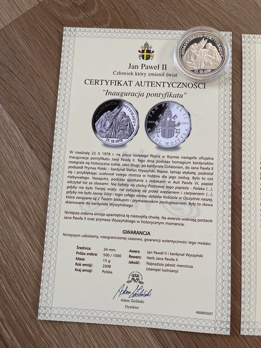 Medale Jan Paweł II 3 sztuki certyfikaty