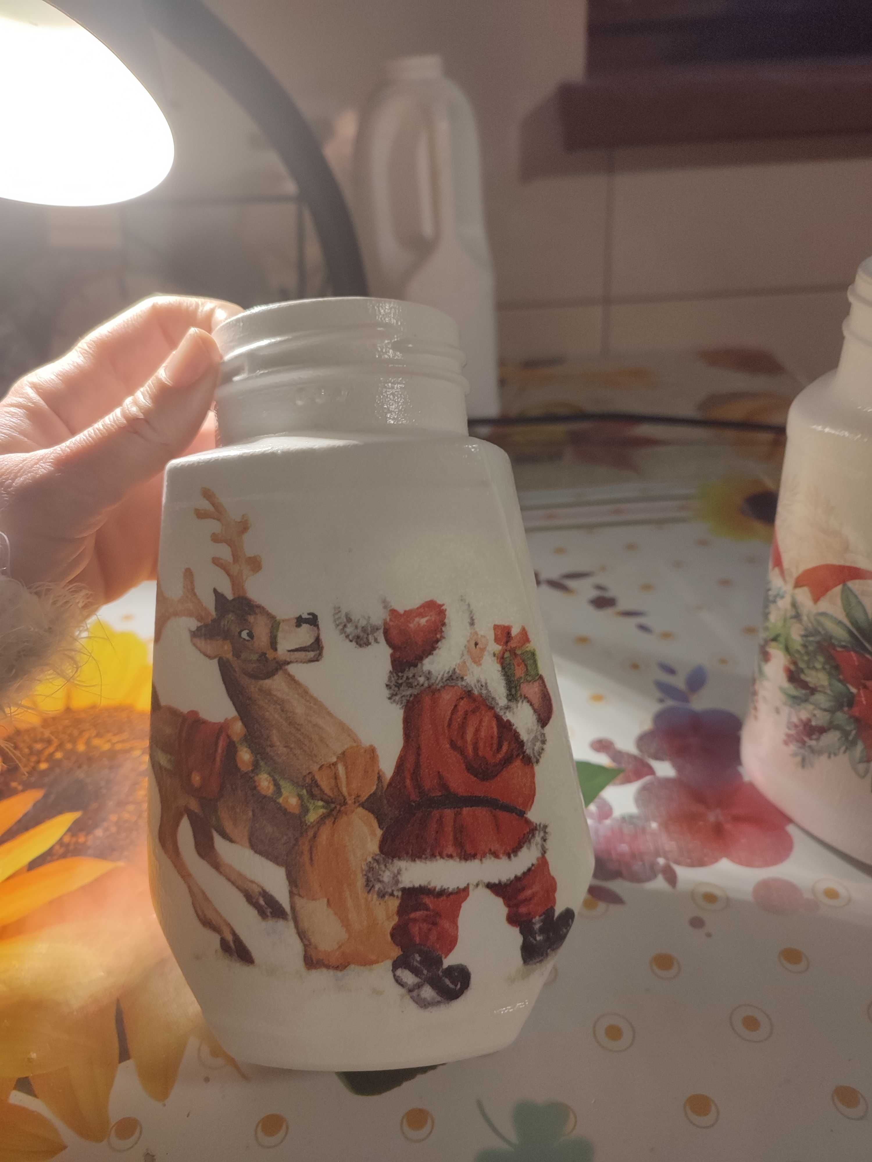 Wazon decoupage, w Mikołaja i renifera