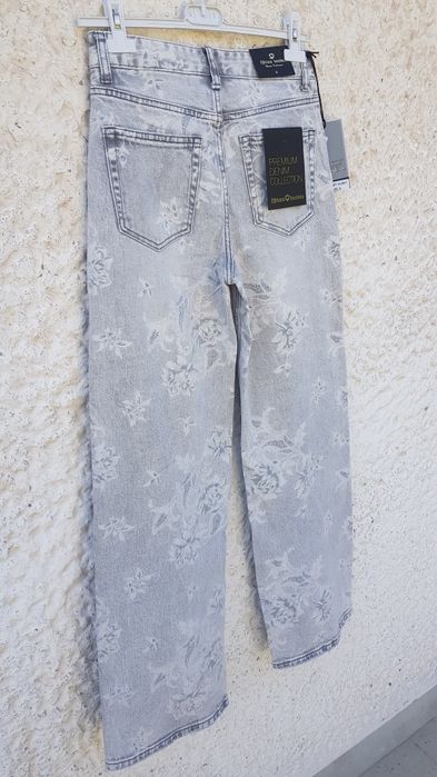 Spodnie  dżinsy kwiaty szare Nowe 38 M szeroka nogawki