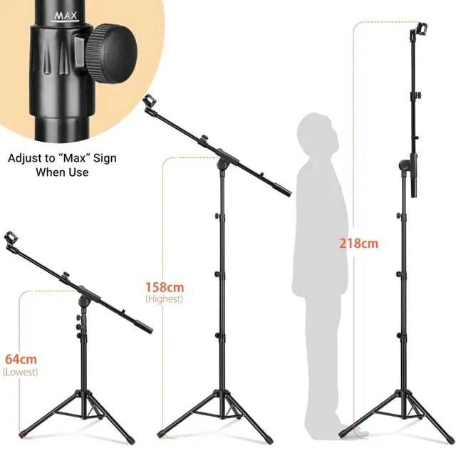 Suporte de microfone + braço + duas pinças