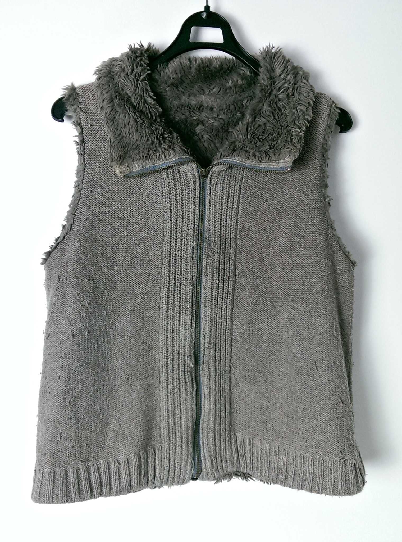 Kamizelka futerko sweterek bez rękawów bezrękawnik ciepła gruba szara