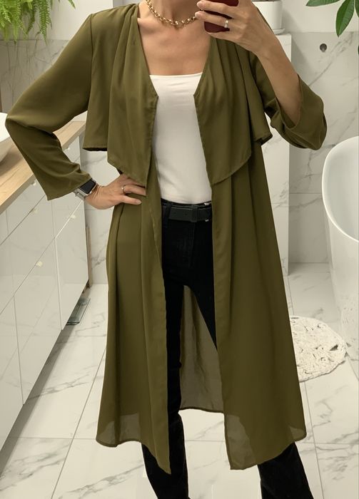 Narzutka lekki plaszcz tunika khaki oliwkowa na jesien do pracy 36