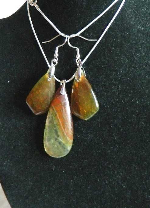 Zielono-pomarańczowy agat pajęczy i srebro, wisiorek, kolczyki-zestaw