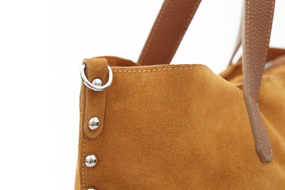 VERA PELLE torebka damska zamszowa shopper z ćwiekami V407 c.zielona