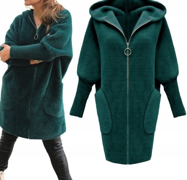 Płaszcz alpaka kaptur suwak butelkowa zieleń róż szary beż Karmel