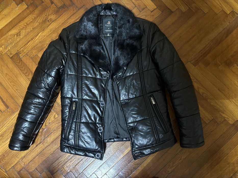 Натуральна шкіряна чоловіча дублянка, зимова куртка з воротом норки