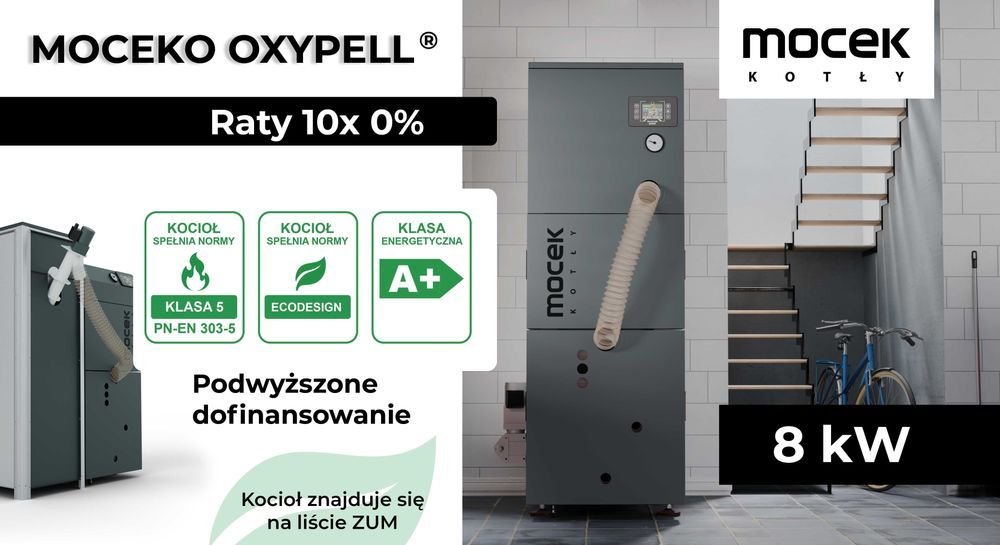 Kocioł na pellet, Drewno Moceko OXYPELL 8kW, piec dotacje OD RĘKI ZUM